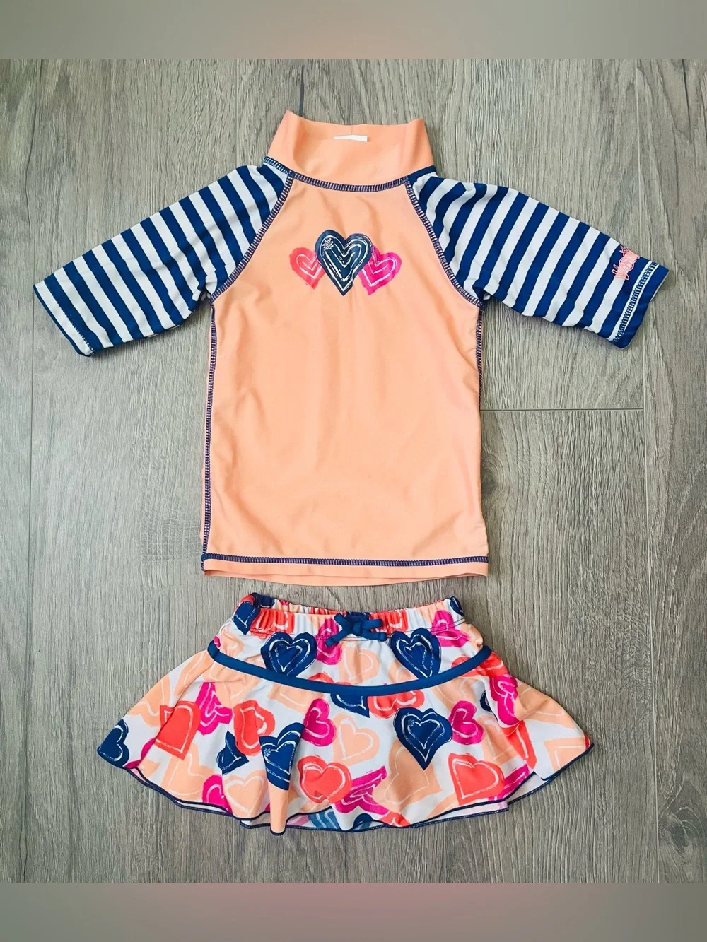 UV Skinz Toddler Girl Swimsuit 2 Piece 3T Peach Blue Shirt Skirt Hearts Summer